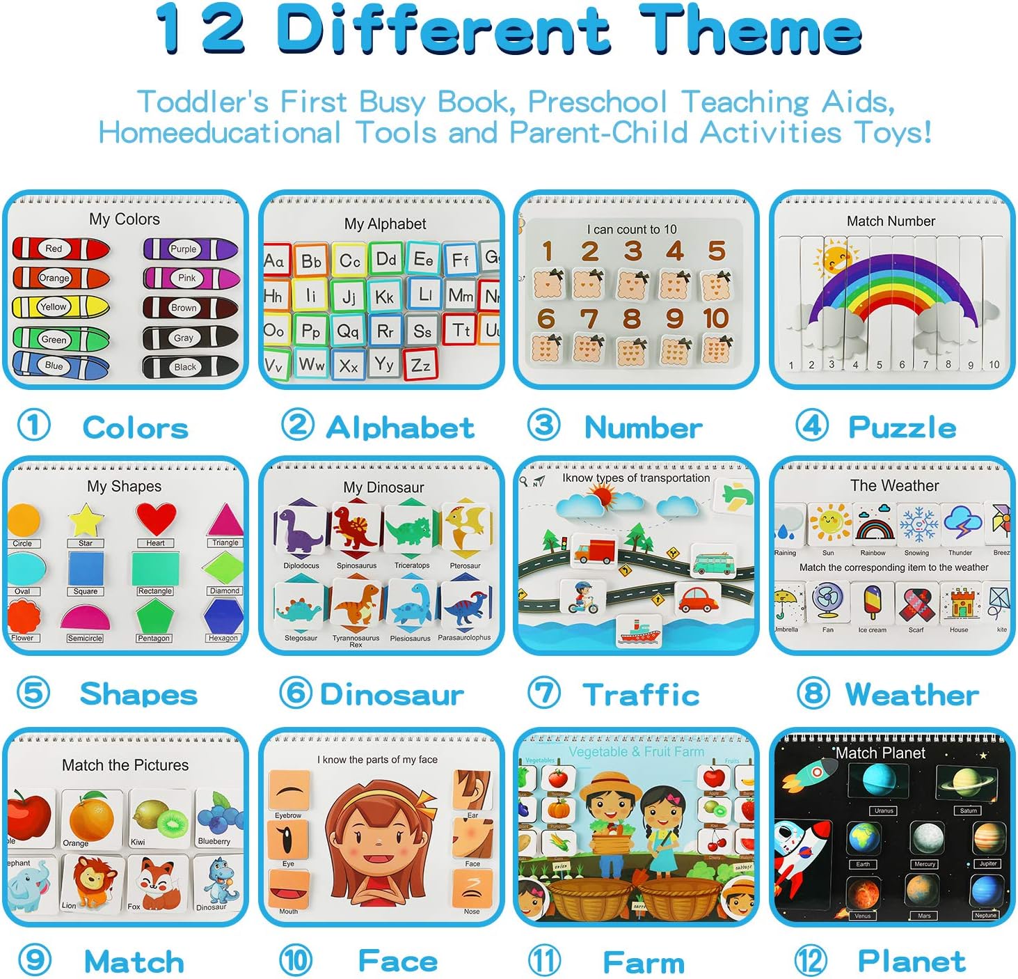 Busy Book for Kids, Montessori Autism Sensory Educational Toys, 12 Pages Toddler Preschool Activity Binder and Early Learning Toys - for Boys & Girls Develops Fine Motor Skills - Image 3