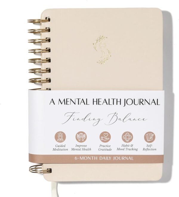 FINDING BALANCE Mental Health Journal – 6-Month Daily Journal with Prompts for Mindfulness, Self-Care & Healing – Anxiety & Depression Relief – Beige Spiral - Image 2