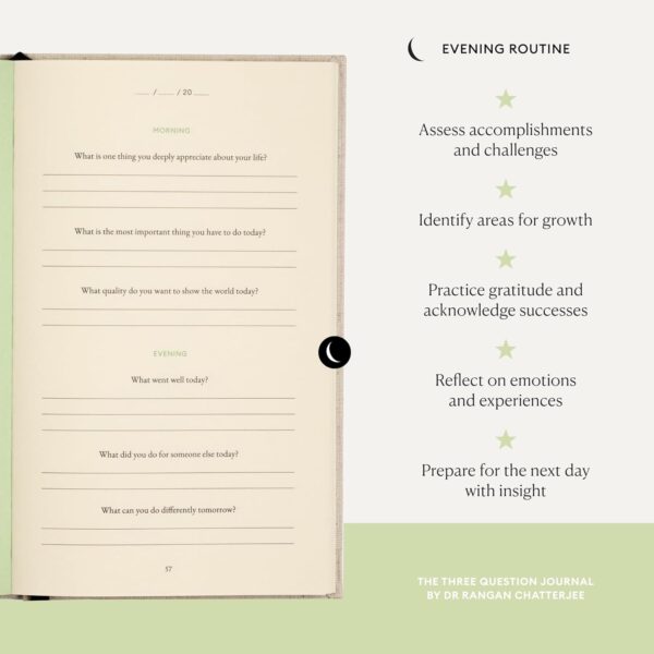 The Three Question Journal Dr. Rangan Chatterjee - Daily Gratitude Journal 2025 for Mindfulness, Stress Relief, Guided Journal for Daily Mental Wellness Personal Growth - Green - Intelligent Change - Image 4