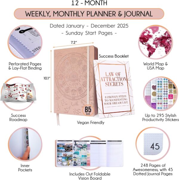 Law of Attraction Planner 2025 - Weekly and Monthly Planner, 12 Month Journey to Increase Productivity & Enhance Organization | Life Organizer, Gratitude Journal, Hourly Planner, To Do List | 2025 Planner - Vision Board, Gift Box & Planner Stickers - Image 3