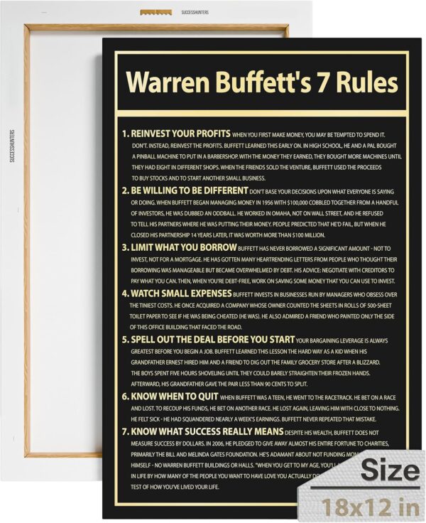 Warren Buffett's 7 Rules Wealth Motivational Wall Art Invest Canvas Print Investor Office Decor, Millionaire Finance Sign, Investing Money Quote, Financial Invest Motivation (18" x 12" in) - Image 2