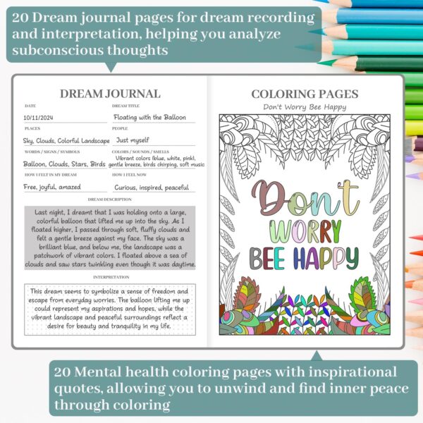 Mental Health & Anxiety Journal, 91 Days Mood Tracker Journal for Mindfulness, Self Care & Stress Relief, Guided CBT Journal with Mental Health Coloring Book Pages & Dream Diary to Record, Wellness Gifts for Women Men - Image 4