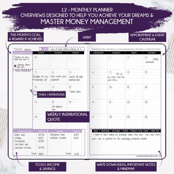 Budget Planner and Monthly Bill Organizer - Finance Planner, 12-Month Journey to Financial Freedom | Bill Payment Tracker Monthly Organizer, Money Saving & Expense Tracker | Undated Budgeting Journal - Image 6