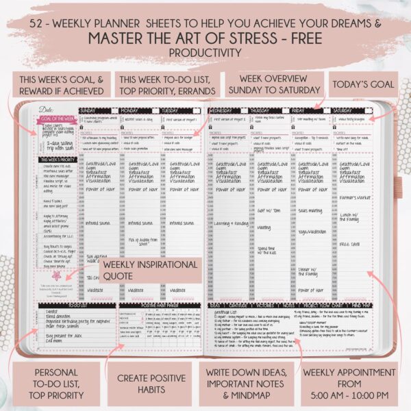 Law of Attraction Planner 2025 - Weekly and Monthly Planner, 12 Month Journey to Increase Productivity & Enhance Organization | Life Organizer, Gratitude Journal, Hourly Planner, To Do List | 2025 Planner - Vision Board, Gift Box & Planner Stickers - Image 4